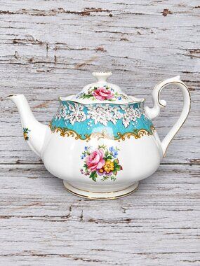 Royal Albert Enchantment Bone China Large Teapot Aqua Blue Roses Gold Rare